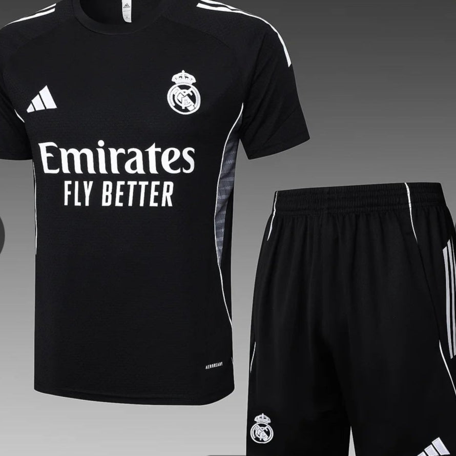 2025/2026 Real Madrid Black Pre-Match Training Shirt + Shorts