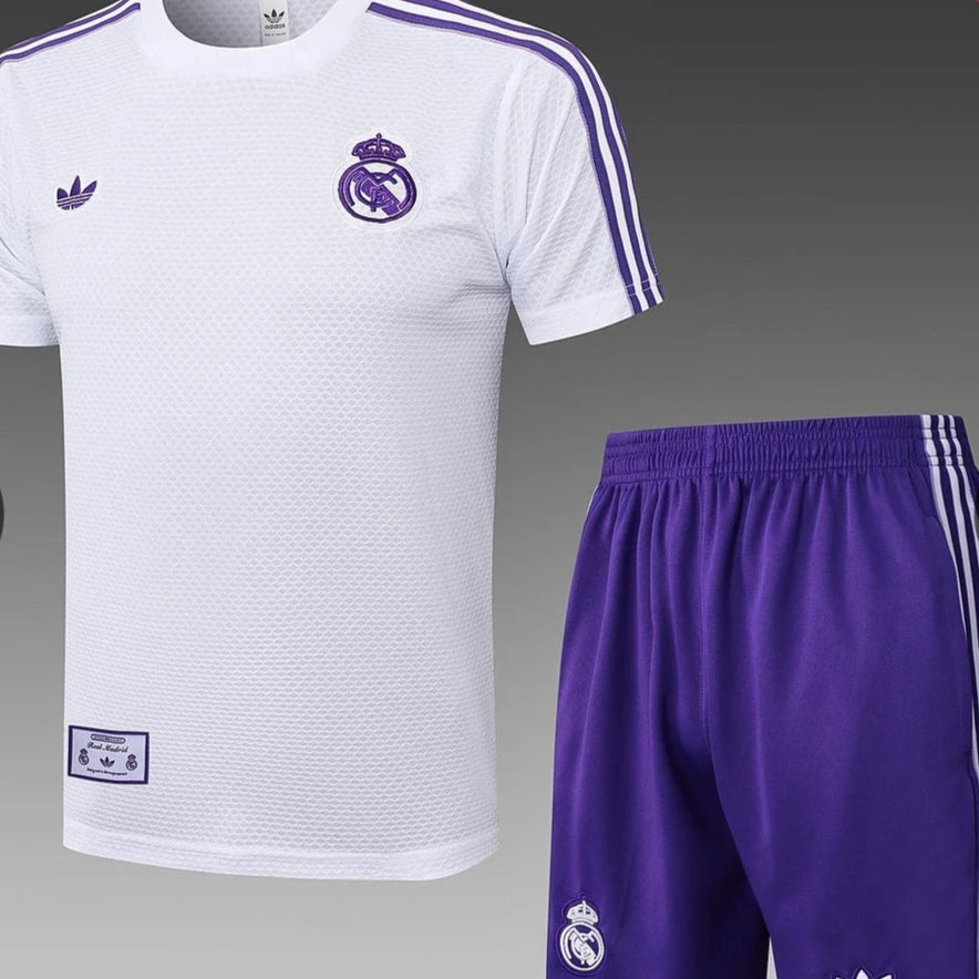 2025/2026 Real Madrid Retro White Pre-Match Training Shirt + Shorts
