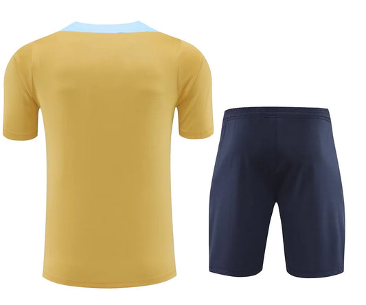 Camiseta y pantalón corto dorados de entrenamiento prepartido Francia 2024
