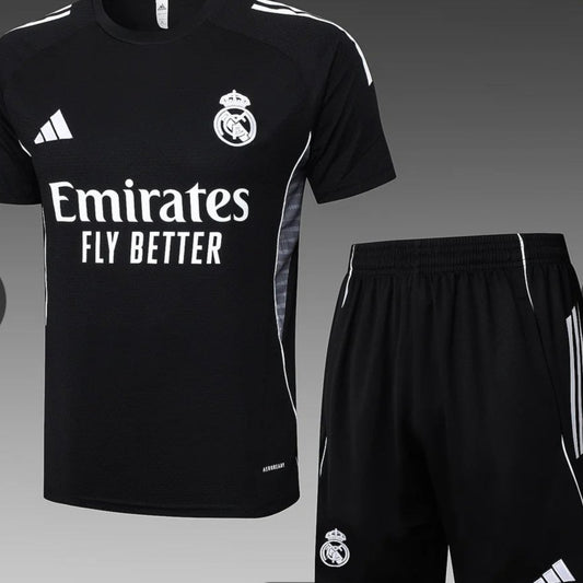 2025/2026 Real Madrid Black Pre-Match Training Shirt + Shorts