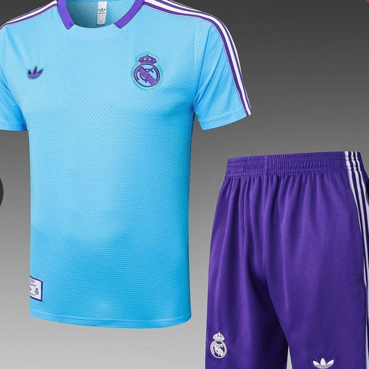2025/2026 Real Madrid Light Blue Pre-Match Training Shirt + Shorts