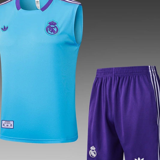 2025/2026 Real Madrid Light Blue Pre-Match Training Vest + Shorts
